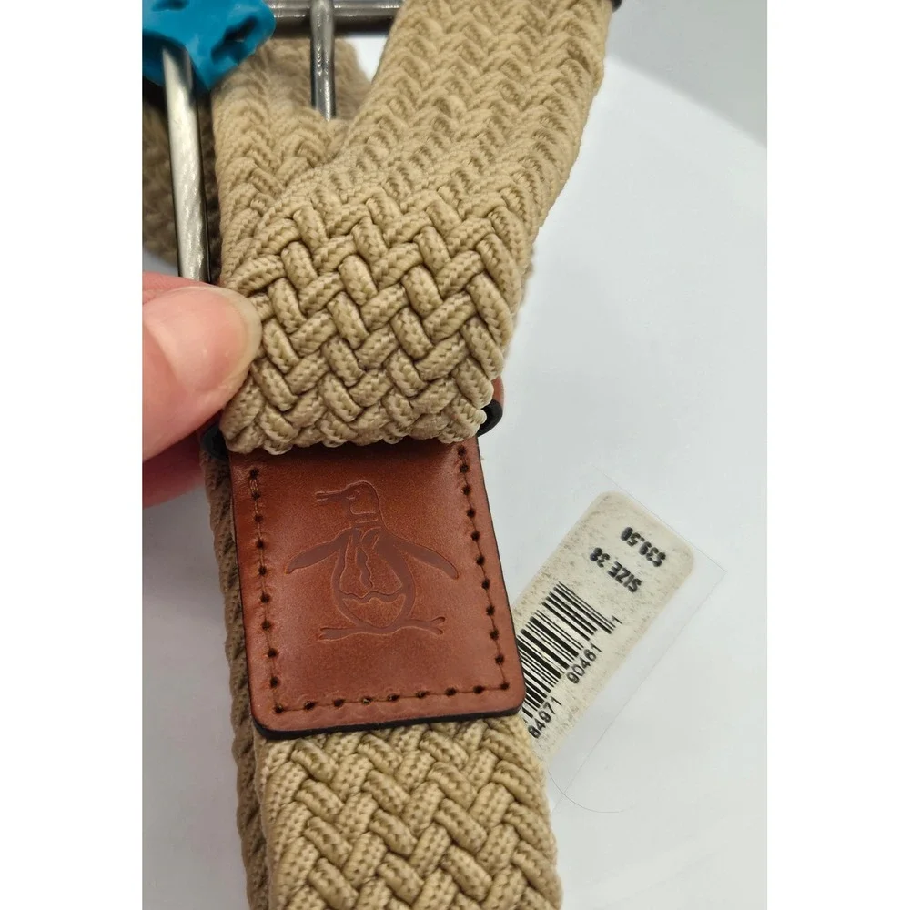 Original Penguin Mens Braided Elastic Stretch Belt Tan Leather Brown Trim Sz 38